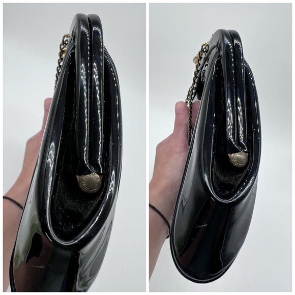 Vintage Black Patent Vinyl Clutch Bag Chain Strap Retro Purse - Picture 7 of 9